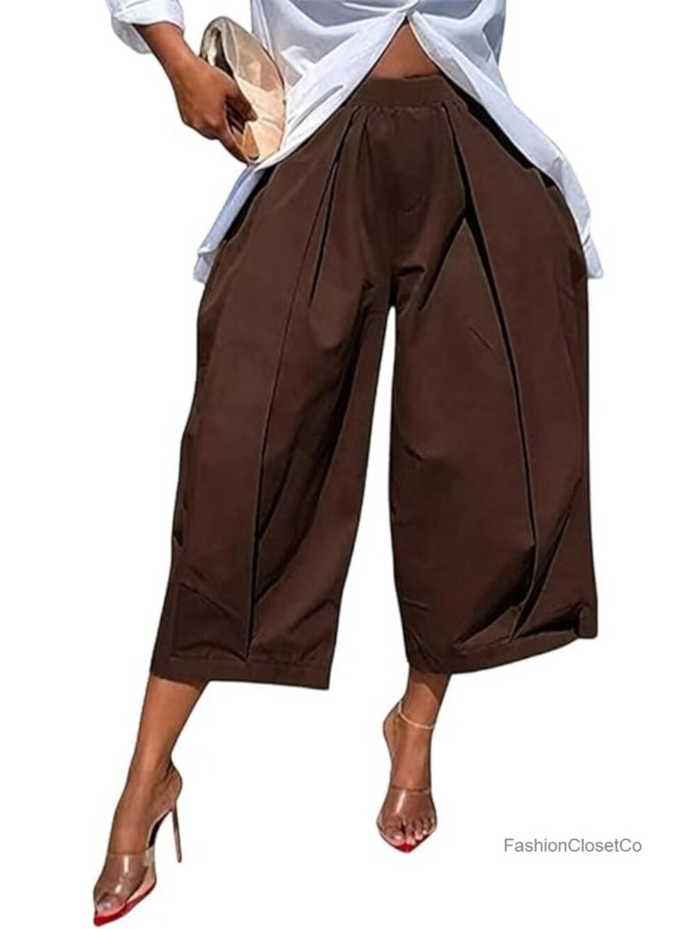 Wide Leg Capri Pants High Waist Pleated Cropped Trousers